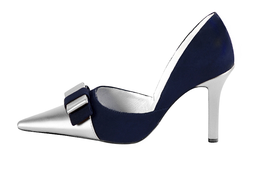 Light silver and navy blue women's open arch dress pumps. Pointed toe. Very high slim heel. Profile view - Florence KOOIJMAN